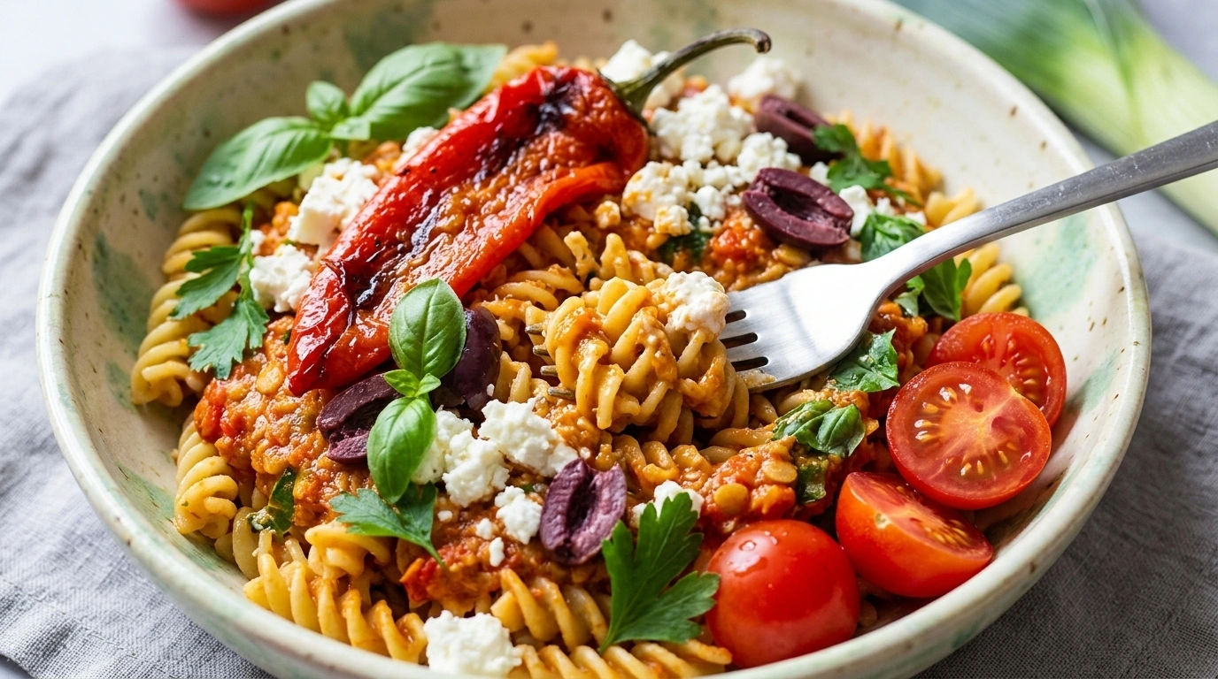 Pasta med röda linser och soltorkade tomater – Proteinrik budgetpasta - traditionellt Italien Middag recept, perfekt till vardagsmiddag